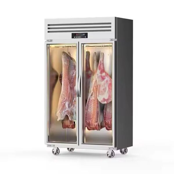 2 Doors Stainless Steel Commercial Hanging Showcase Fridge Upright Restaurant Hanger Meat Display refrigerator With Glass Door 1.2